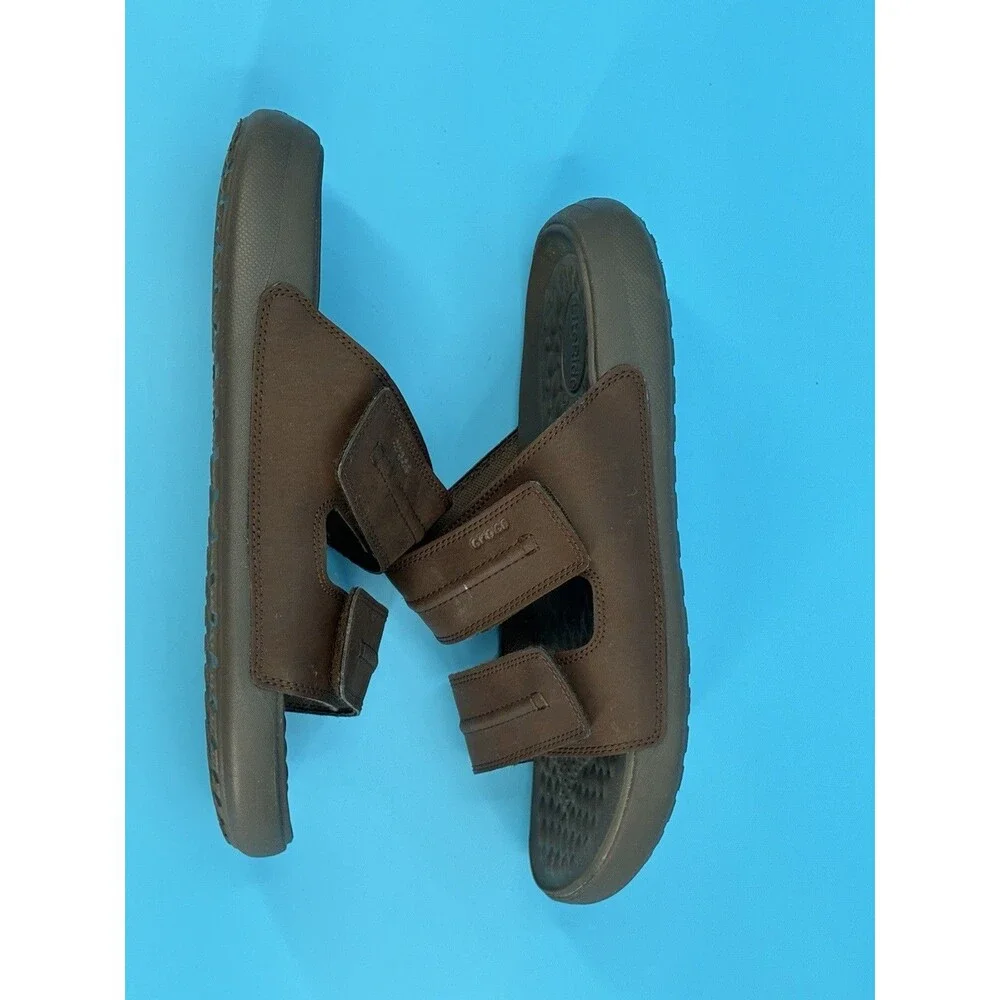 Crocs LiteRide Leather Slide Sandals Men’s 13 Brown Adjustable Strap